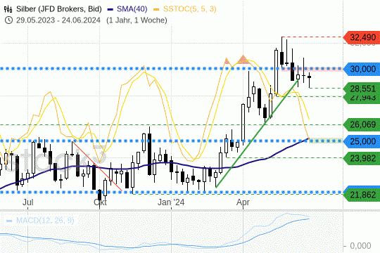 Silber: Die Preise liegen weiterhin unterhalb von 30 USD. 28.6.2024